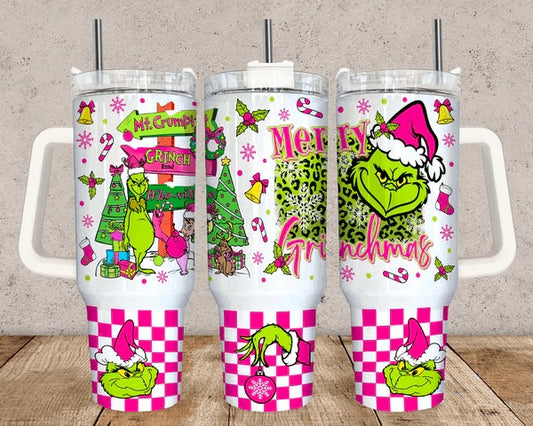 Merry Grinchmas Checkered 40 oz Christmas Tumbler with handle