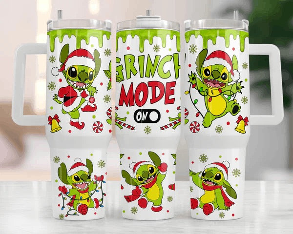 Grinch Mode Stitch 40 oz Christmas Tumbler with handle