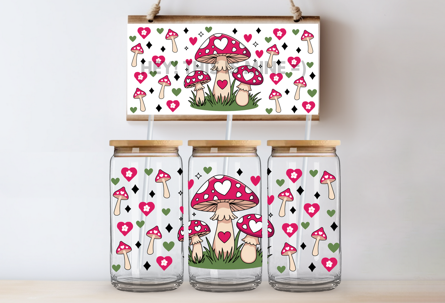 Retro Mushroom Valentine 16oz UV DTF Wrap