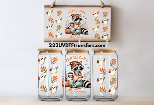 Feral Girl Autumn Cute Raccoon UV DTF Wrap Transfer 16oz | No Heat Needed | Waterproof | Permanent Adhesive