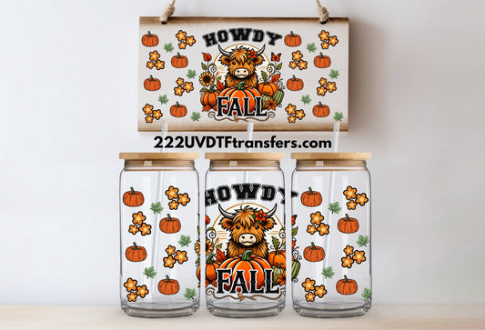 Howdy Fall Highland Cow Pumpkin Patch UV DTF Wrap Transfer 16oz | No Heat Needed | Waterproof | Permanent Adhesive