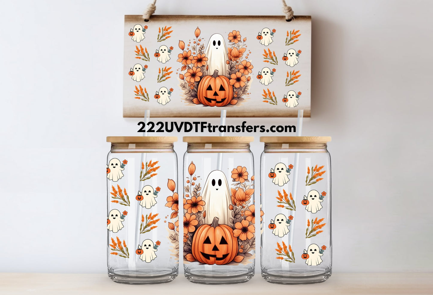 Retro Ghost over Pumpkin UV DTF Wrap Transfer 16oz | No Heat Needed | Waterproof | Permanent Adhesive