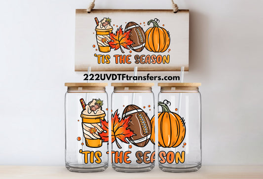 Tis The Season Fall Pumpkin Football UV DTF Wrap Transfer 16oz | No Heat Needed | Waterproof | Permanent Adhesive