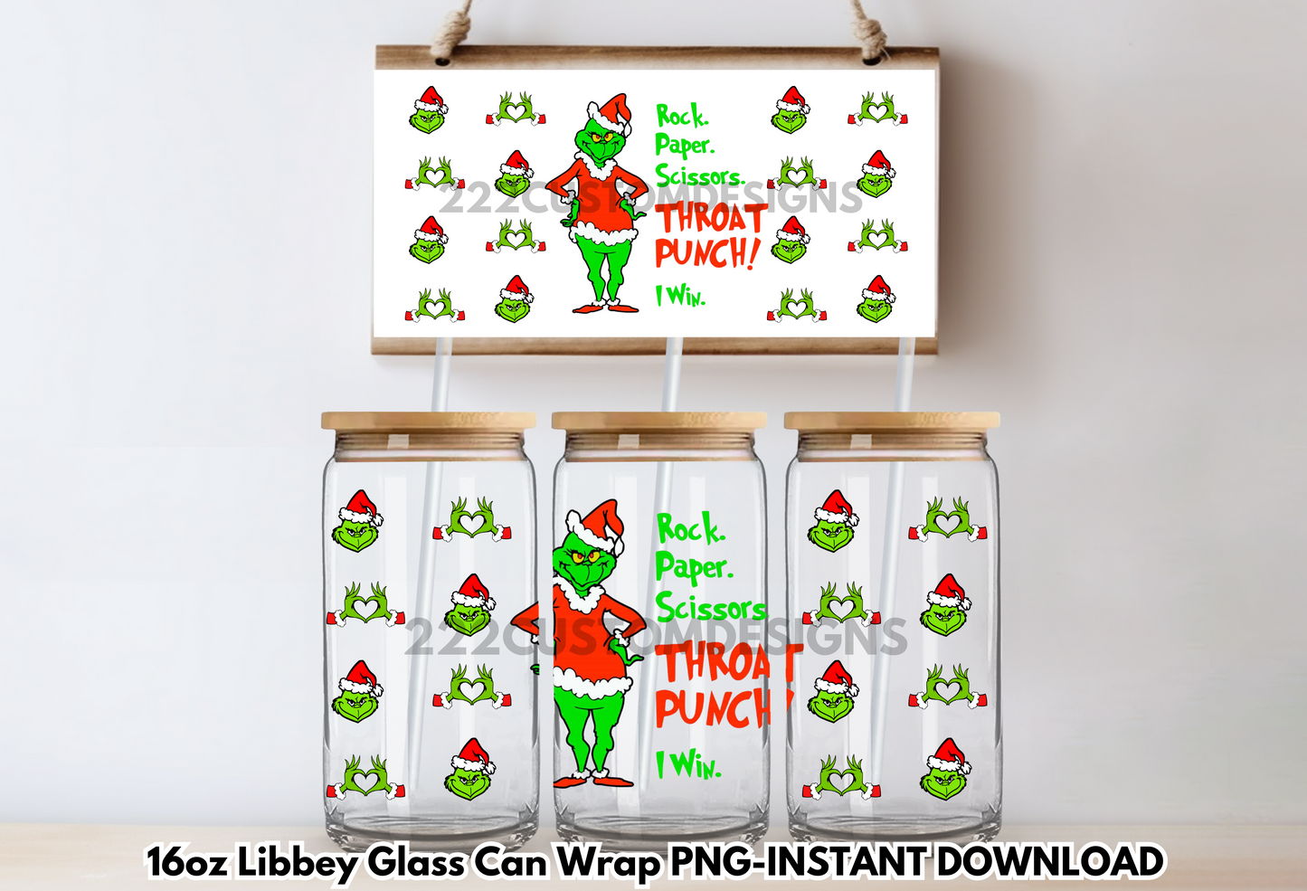 Grinch Rock Paper Throat Punch 16 oz PNG Digital Download