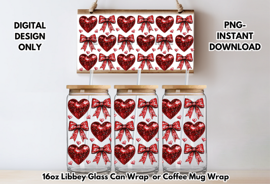 Red Heart Coquette Valentines 16 oz-Coffee Mug PNG Digital Download Glass Can Sublimation