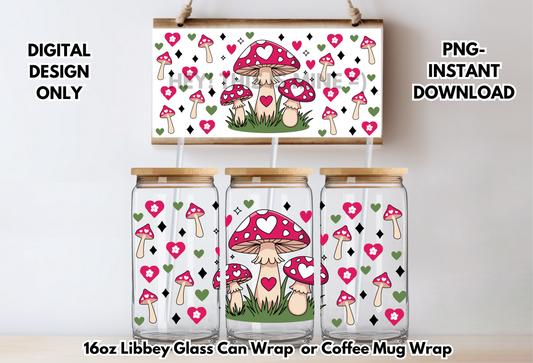 Retro Mushrooms Valentines 16 oz-Coffee Mug PNG Digital Download Glass Can Sublimation