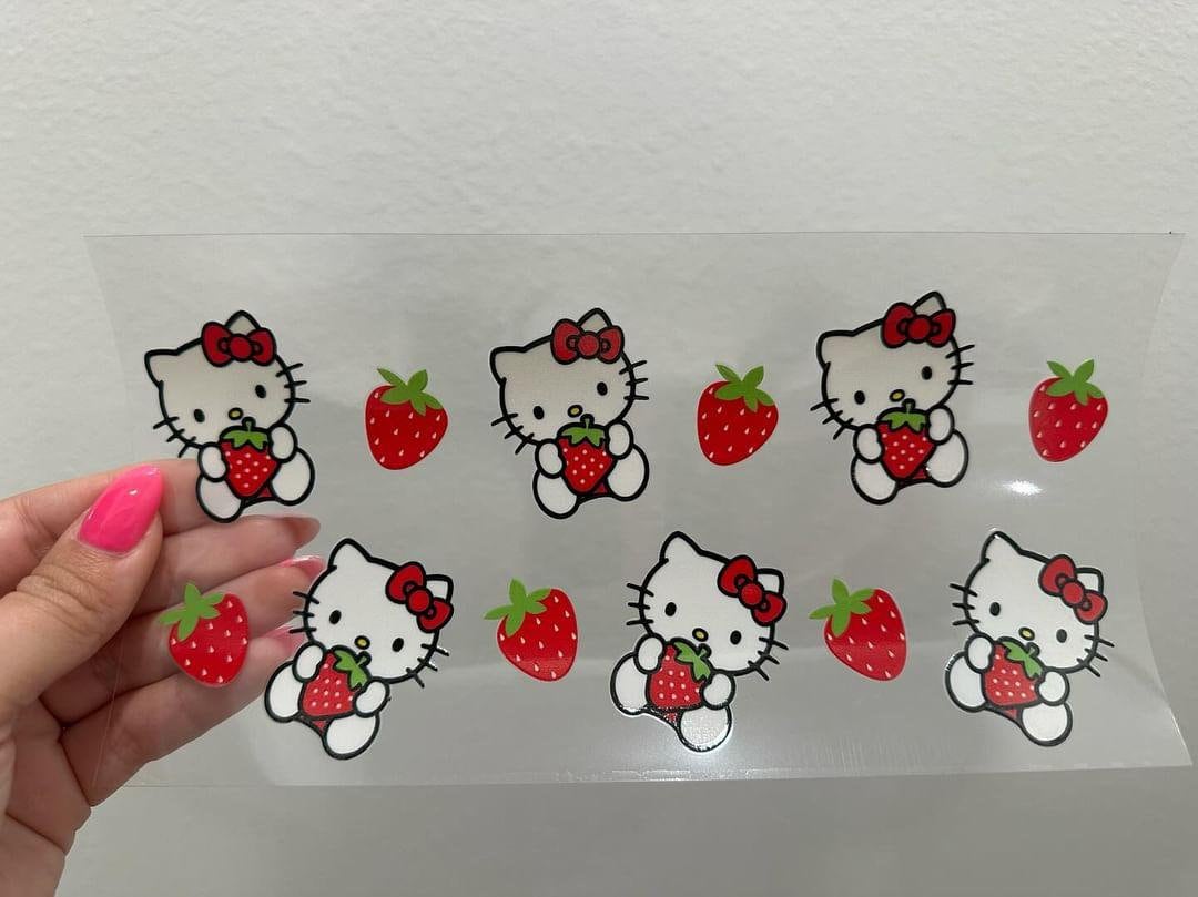 Kitty Cartoon Strawberry UV DTF Wrap Transfer 16oz | No Heat Needed | Waterproof | Permanent Adhesive