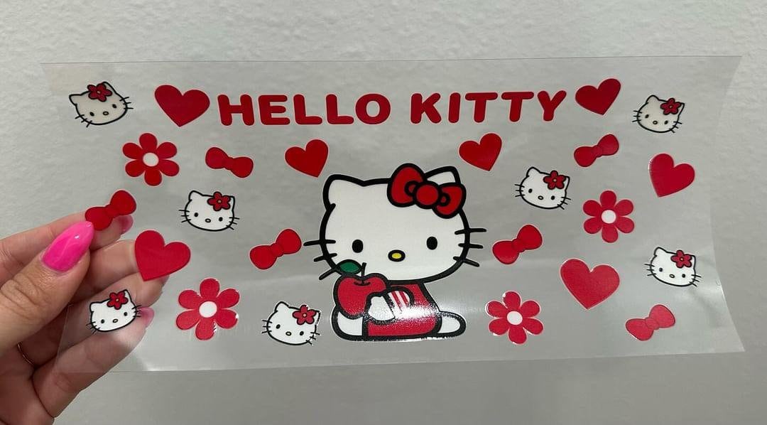 Kitty Cartoon Heart Bow UV DTF Wrap Transfer 16oz | No Heat Needed | Waterproof | Permanent Adhesive