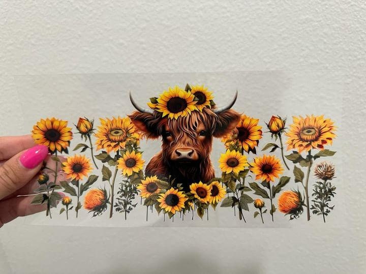 Highland Cow Sunflowers UV DTF Wrap Transfer 16oz | No Heat Needed | Waterproof | Permanent Adhesive