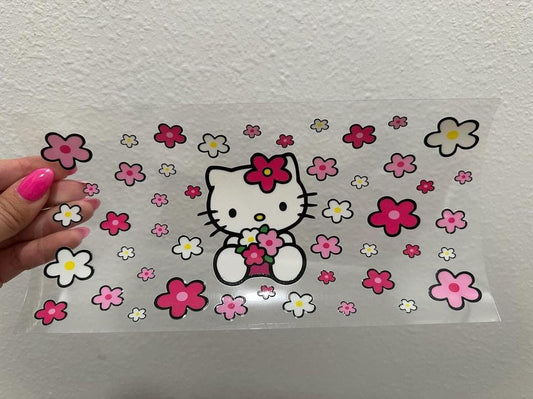 Kitty Cartoon Flower UV DTF Wrap Transfer 16oz | No Heat Needed | Waterproof | Permanent Adhesive