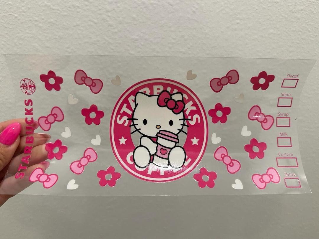 Kitty Cartoon Starbucks Pink UV DTF Wrap Transfer 16oz | No Heat Needed | Waterproof | Permanent Adhesive