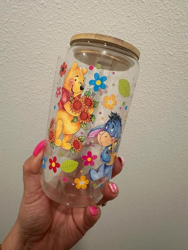 Disney Winnie the Pooh Picking Flowers UV DTF Wrap Transfer 16oz | No Heat Needed | Waterproof | Permanent Adhesive