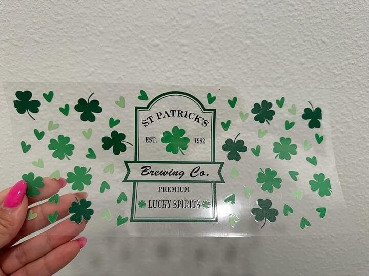 St Patrick's Brewing Lucky Spirits Clovers St Patty's Day UV DTF Wrap Transfer 16oz | No Heat Needed | Waterproof | Permanent Adhesive