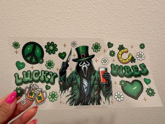 St Patrick's Ghostface Scream Lucky Vibes St Patty's Day UV DTF Wrap Transfer 16oz | No Heat Needed | Waterproof | Permanent Adhesive