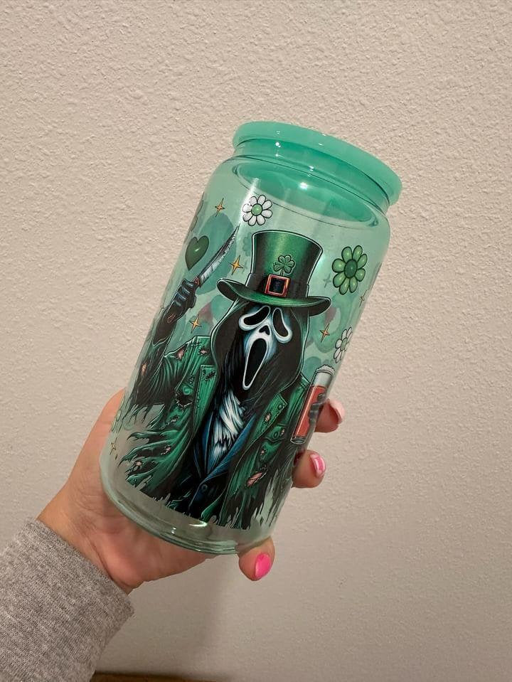 St Patrick's Ghostface Scream Lucky Vibes St Patty's Day UV DTF Wrap Transfer 16oz | No Heat Needed | Waterproof | Permanent Adhesive