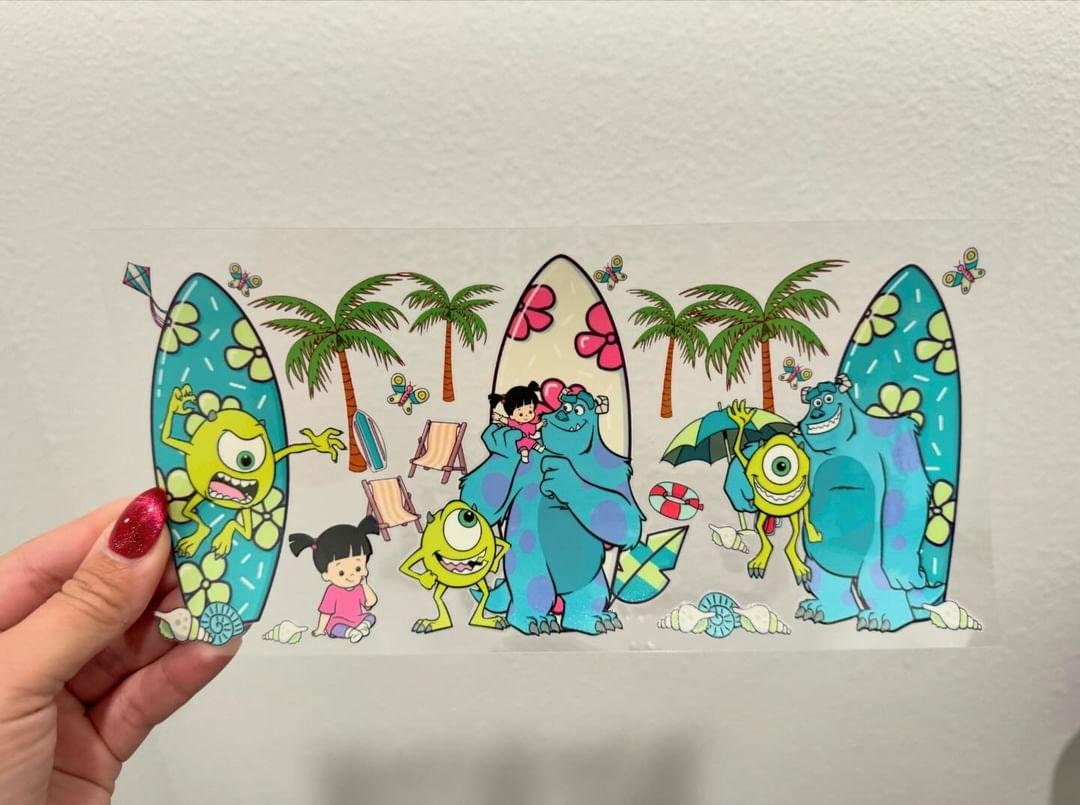 Monsters Inc Surfboard Palm Trees UV DTF Wrap Transfer 16oz | No Heat Needed | Waterproof | Permanent Adhesive