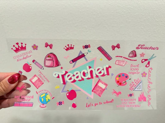 Teacher Let's Go To School Pink UV DTF Wrap Transfer 16oz | No Heat Needed | Waterproof | Permanent Adhesive