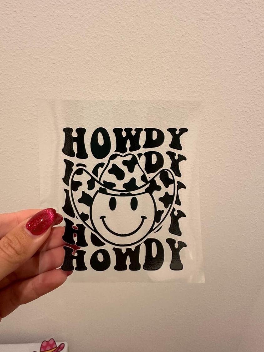 Howdy Black Smiley Face UV DTF Wrap Transfer 16oz | No Heat Needed | Waterproof | Permanent Adhesive