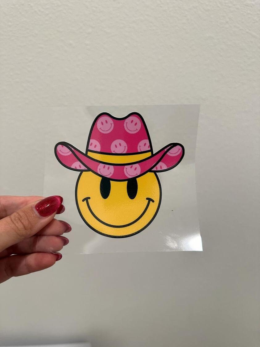 Pink Cowboy Cowgirl Smiley Face UV DTF Wrap Transfer 16oz | No Heat Needed | Waterproof | Permanent Adhesive