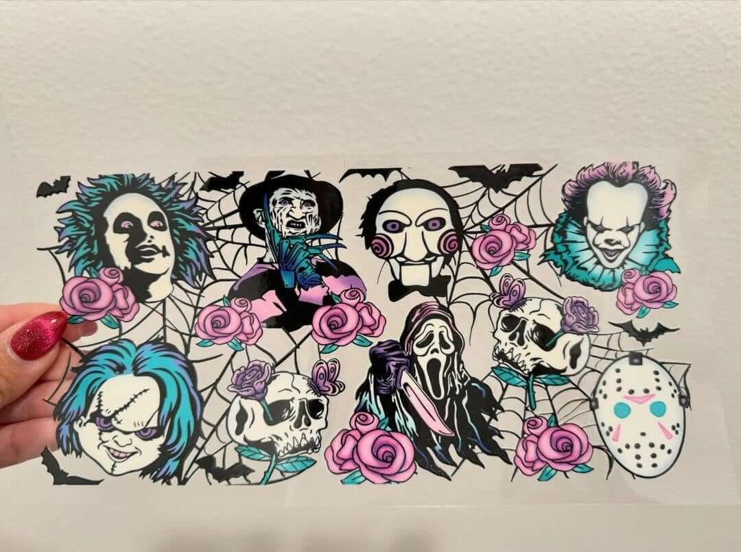 Horror Characters Floral UV DTF Wrap Transfer 16oz | No Heat Needed | Waterproof | Permanent Adhesive