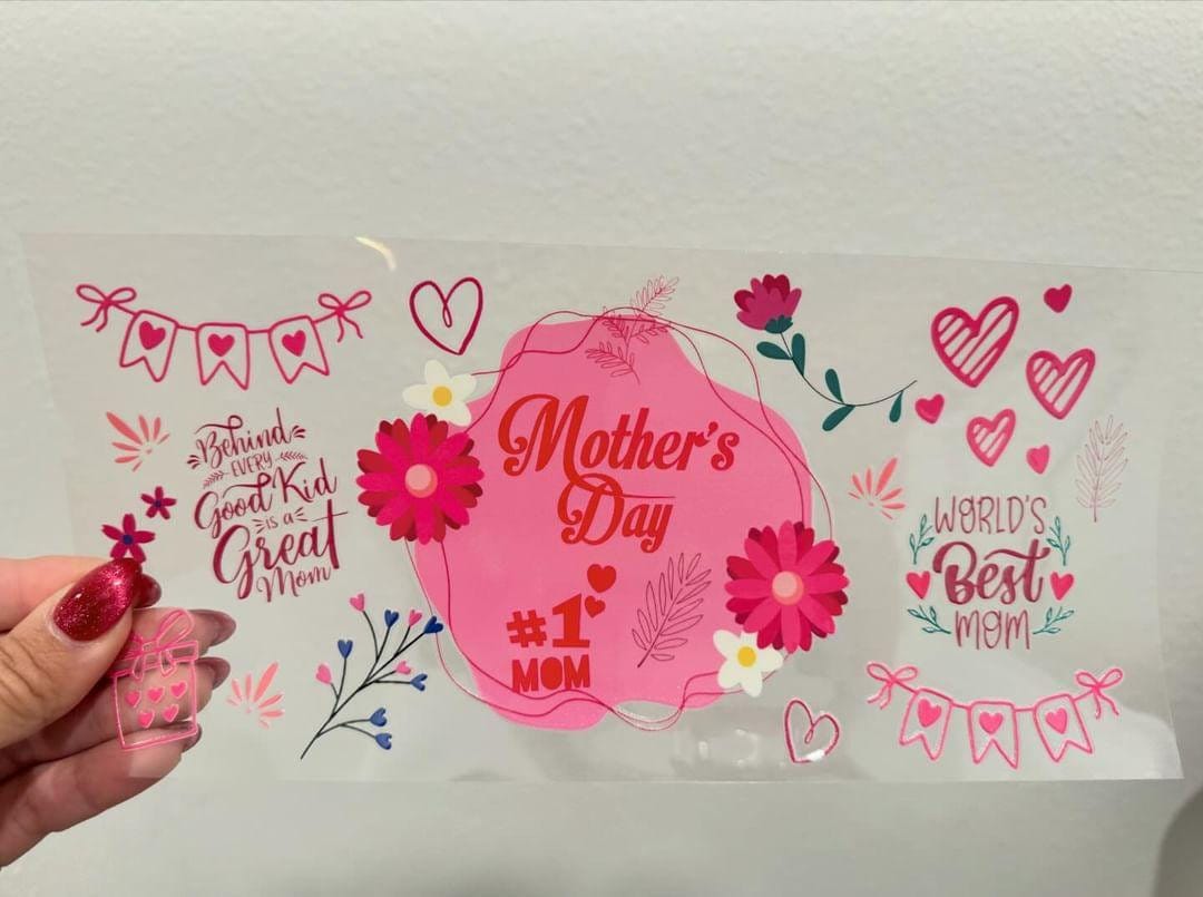 Mother's Day #1 Mom Hearts UV DTF Wrap Transfer 16oz | No Heat Needed | Waterproof | Permanent Adhesive