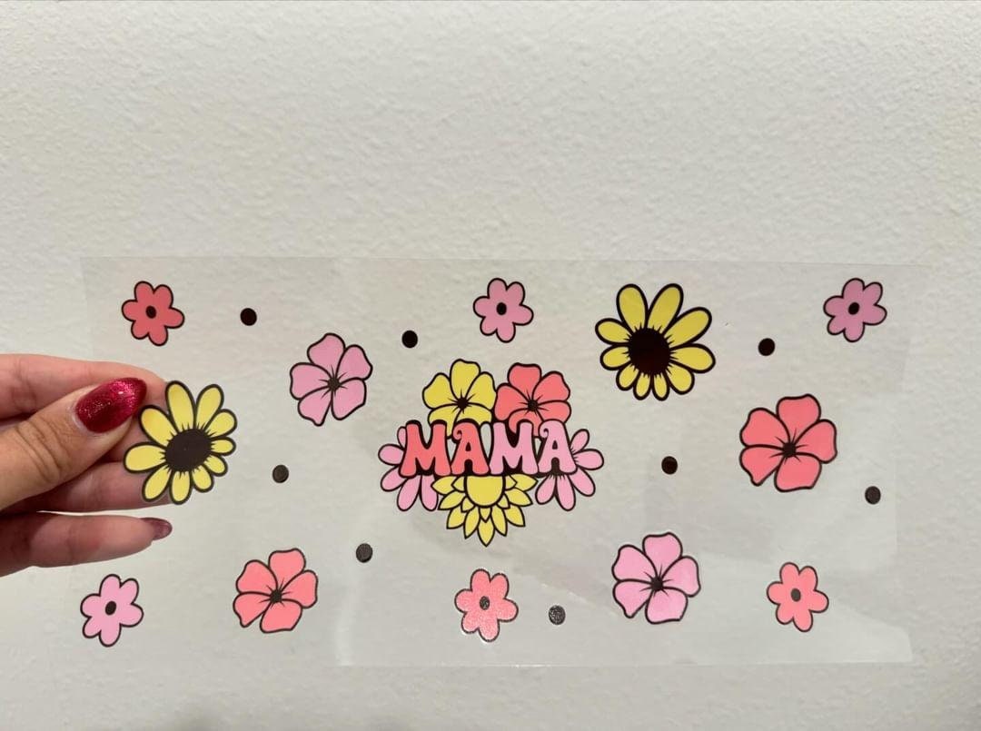 Mama Yellow Pink Flowers Mother's Day UV DTF Wrap Transfer 16oz | No Heat Needed | Waterproof | Permanent Adhesive