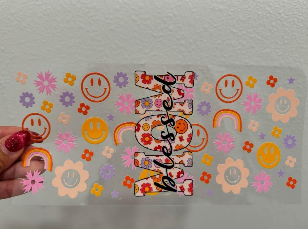 Blessed Mom Retro Smiley UV DTF Wrap Transfer 16oz | No Heat Needed | Waterproof | Permanent Adhesive