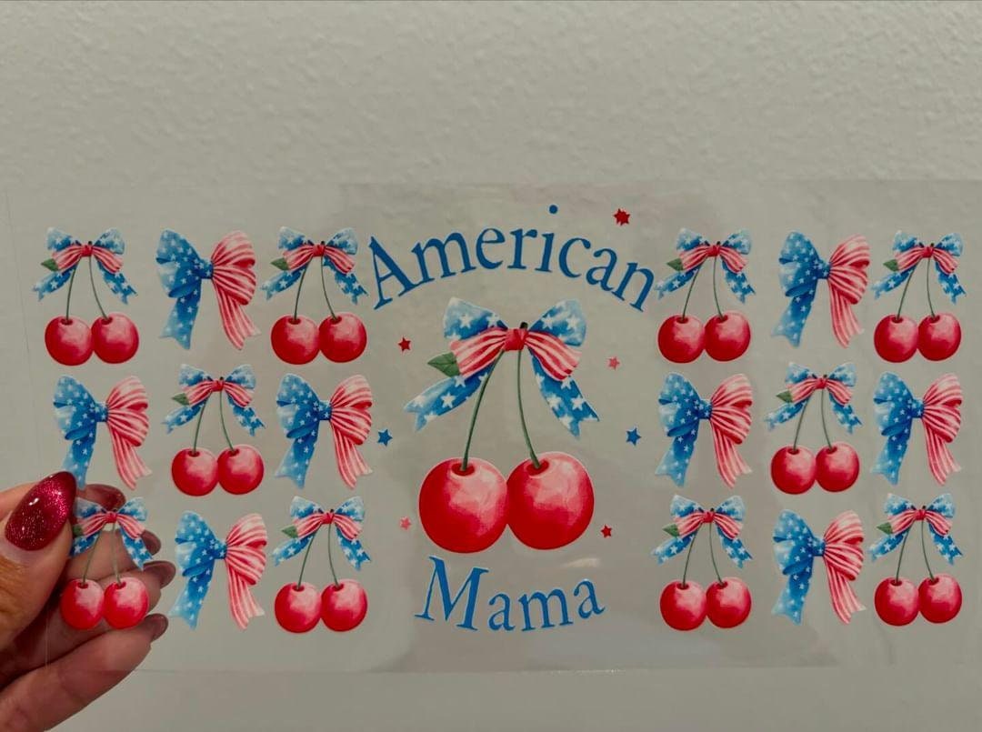 American Mama Cherry UV DTF Wrap Transfer 16oz | No Heat Needed | Waterproof | Permanent Adhesive