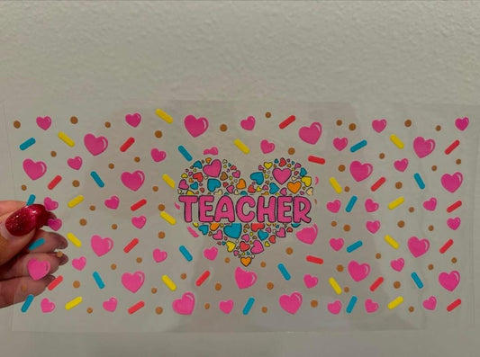 Teacher Heart Sprinkles UV DTF Wrap Transfer 16oz | No Heat Needed | Waterproof | Permanent Adhesive