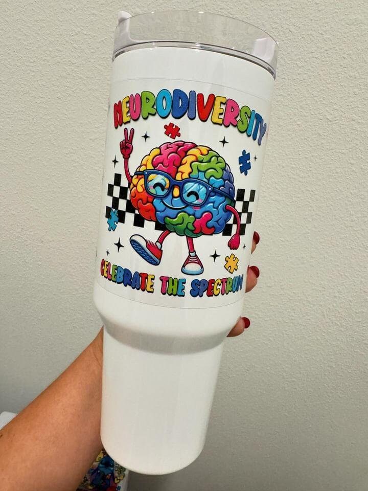 Neurodiversity Celebrate the Spectrum Brain UV DTF Wrap Transfer 16oz | No Heat Needed | Waterproof | Permanent Adhesive