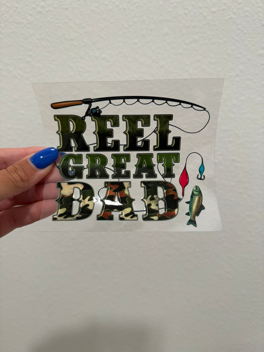 Reel Great Dad Fishing UV DTF Wrap Transfer 16oz Pint Glass Beer Mug | No Heat Needed | Waterproof | Permanent Adhesive