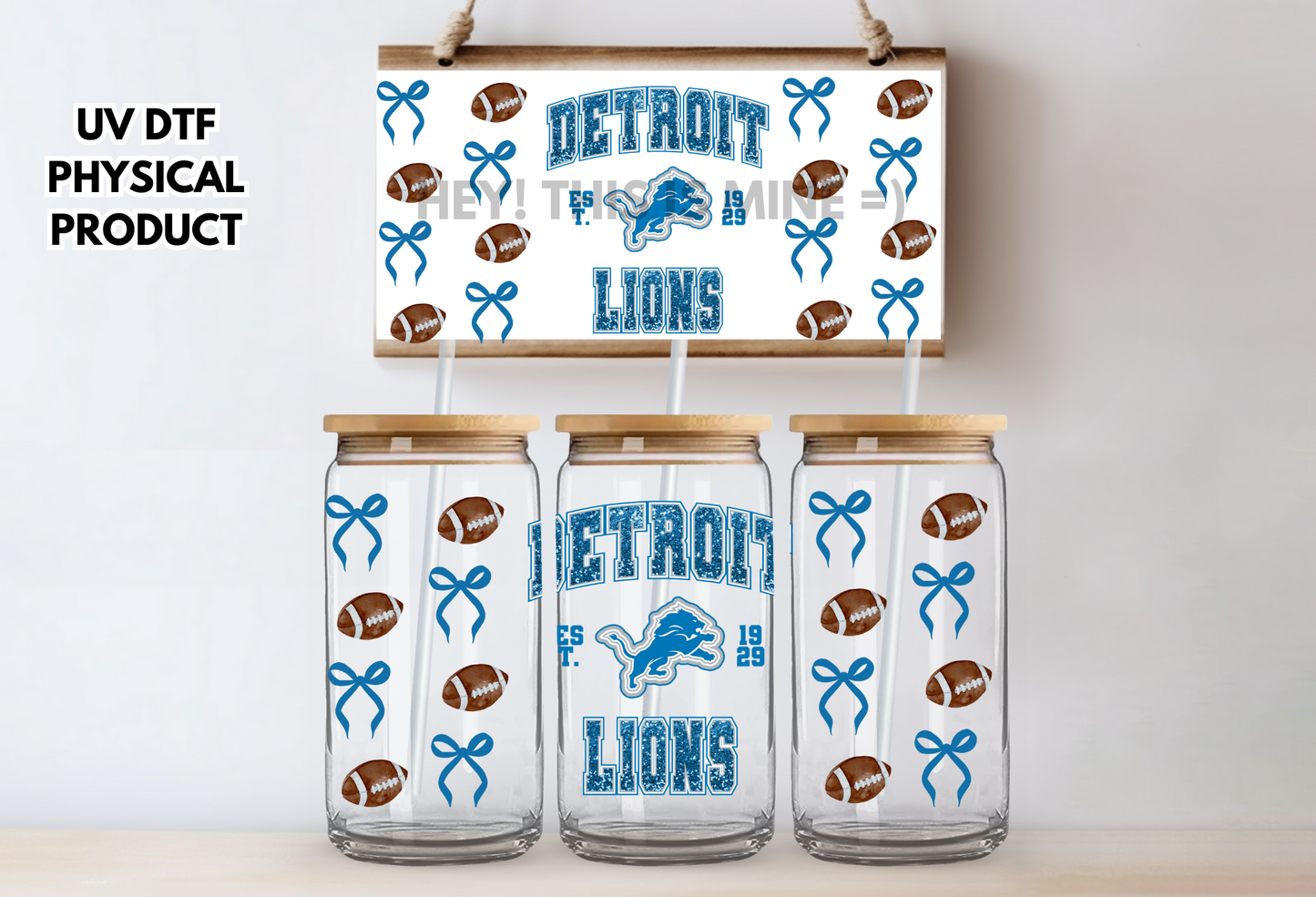 Detroit Lions Bows UV DTF Wrap Transfer 16oz | No Heat Needed | Waterproof | Permanent Adhesive