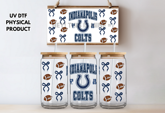 Indianapolis Colts Bows UV DTF Wrap Transfer 16oz | No Heat Needed | Waterproof | Permanent Adhesive
