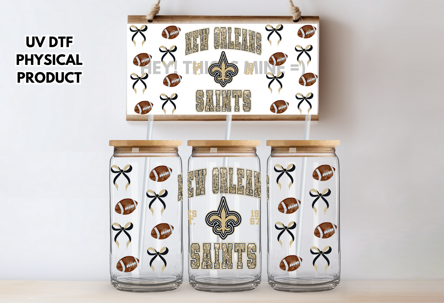 New Orleans Saints Bows UV DTF Wrap Transfer 16oz | No Heat Needed | Waterproof | Permanent Adhesive