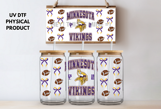 Minnestoa Vikings Bows UV DTF Wrap Transfer 16oz |No Heat Needed | Waterproof | Permanent Adhesive