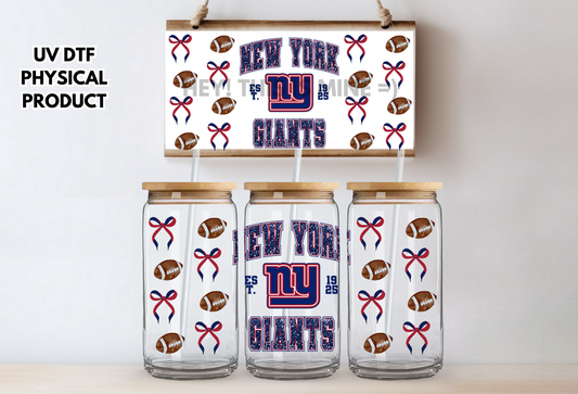 New York Giants Bows UV DTF Wrap Transfer 16oz |No Heat Needed | Waterproof | Permanent Adhesive