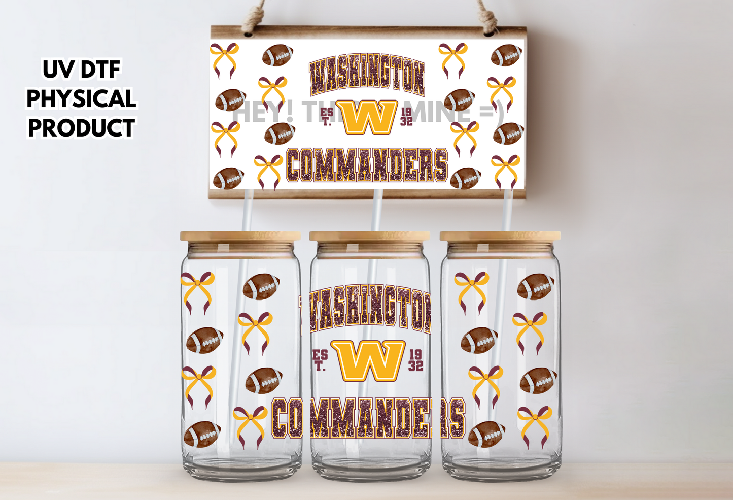 Washington Commanders Bows UV DTF Wrap Transfer 16oz |No Heat Needed | Waterproof | Permanent Adhesive