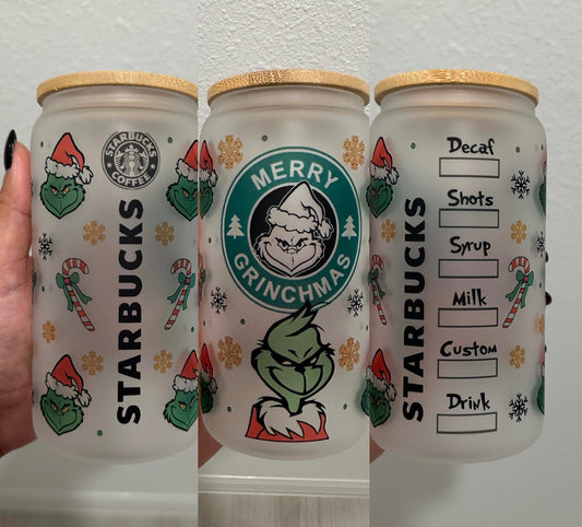 Grinch 16 oz Frosted Glass Cup w/ Bamboo Lid