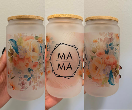 Floral Mama 16 oz Frosted Glass Cup w/ Bamboo Lid